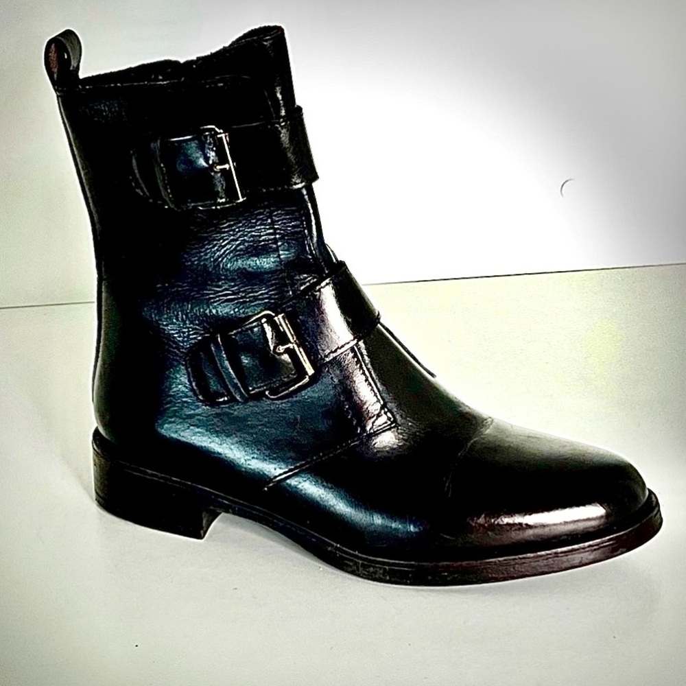 Emanuel Crasto Italian Leather Double Buckle  Boot Black 7.5 NWOT Modern Grunge
